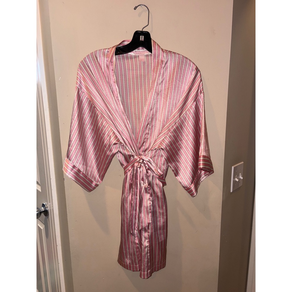 Victorias Secret Pink White Signature Stripe Satin Kimono Robe SM PM Loungewear